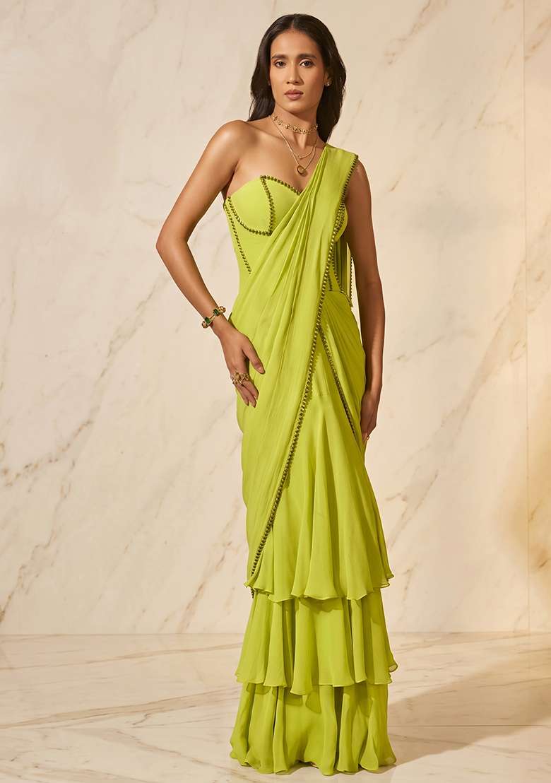 Lime Green Handwork Pre Draped Saree Set - Indya