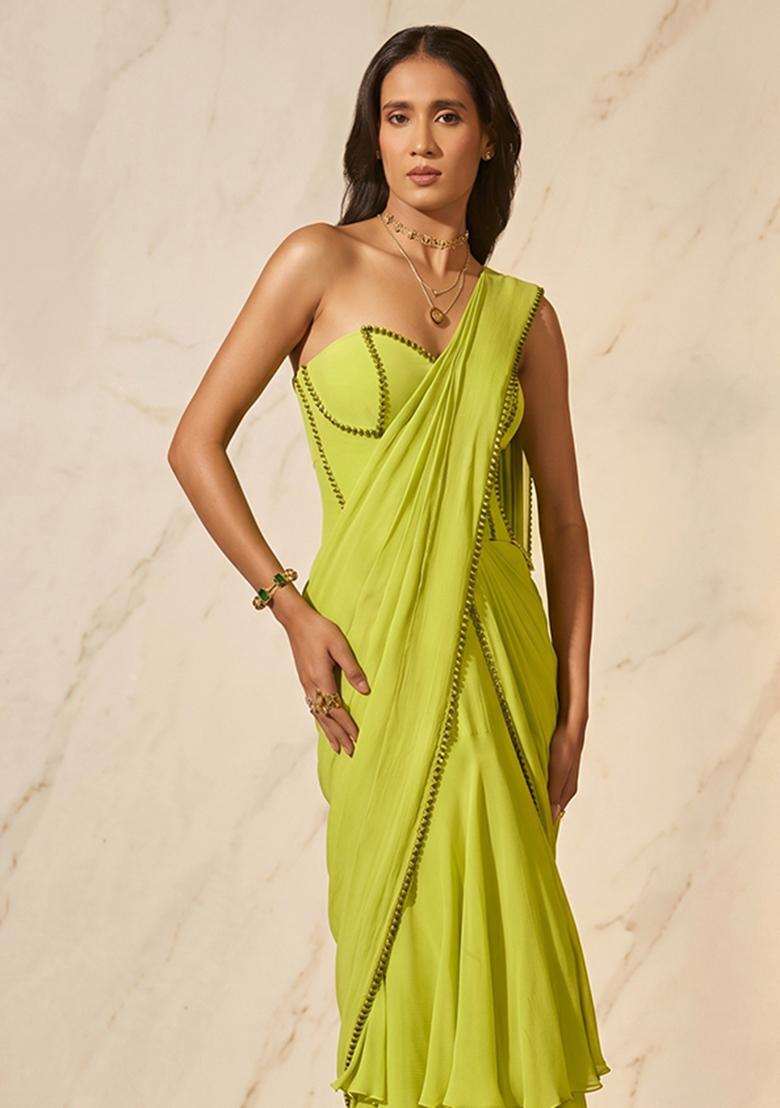 Lime Green Handwork Pre Draped Saree Set - Indya