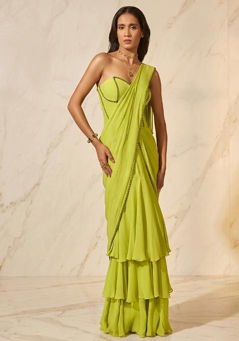 Lime Green Handwork Pre Draped Saree Set