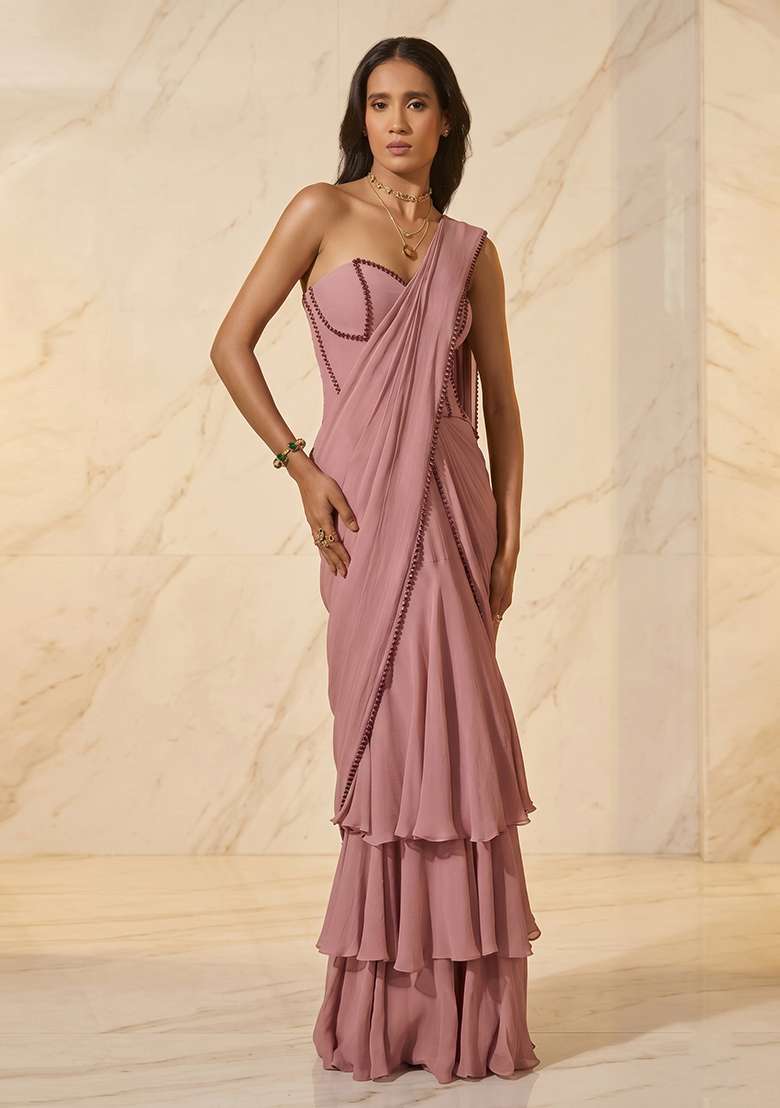 Onion Pink Handwork Pre Draped Saree Set - Indya
