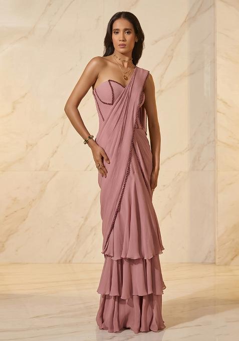 Onion Pink Handwork Pre Draped Saree Set