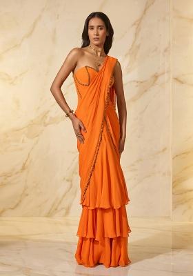 Orange Handwork Pre Draped Saree Set