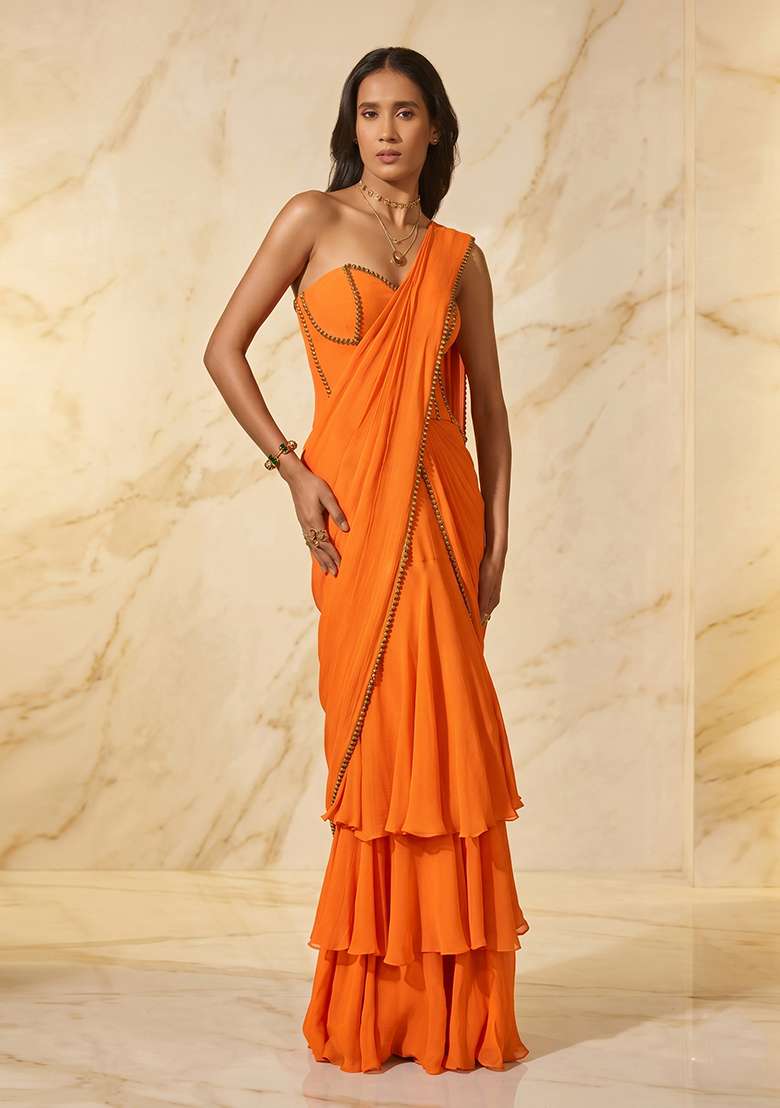 Orange Handwork Pre Draped Saree Set - Indya