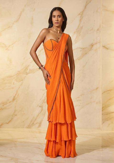 Orange Handwork Pre Draped Saree Set