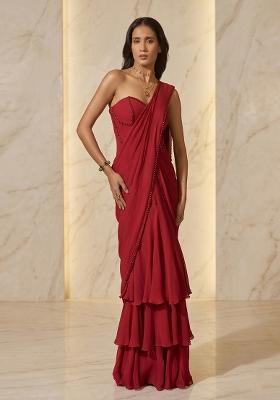 Cherry Red Handwork Pre Draped Saree Set