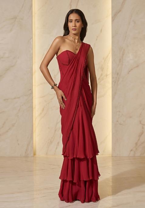 Cherry Red Handwork Pre Draped Saree Set