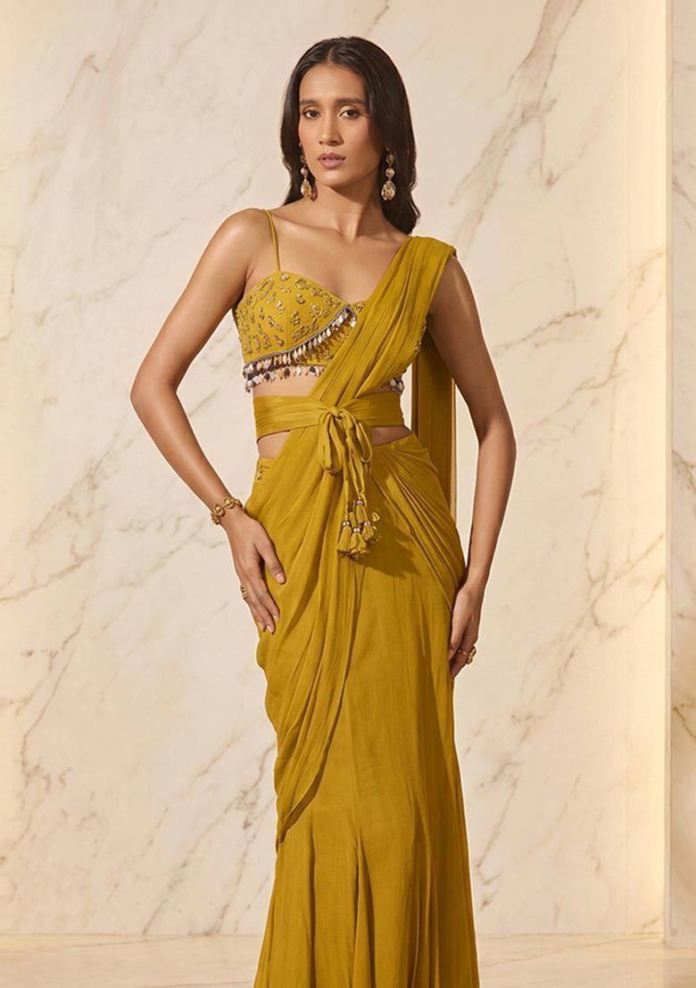 Mustard Handwork Pre Draped Saree Set - Indya