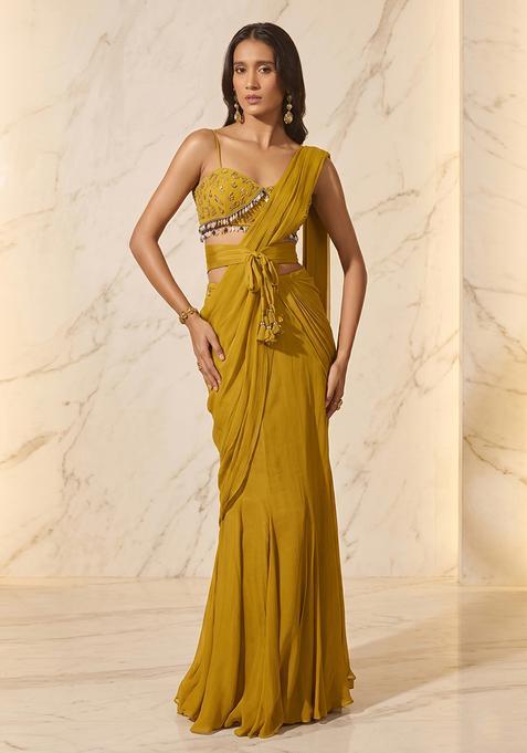 Mustard Handwork Pre Draped Saree Set