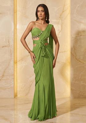 Olive Green Handwork Pre Draped Saree Set