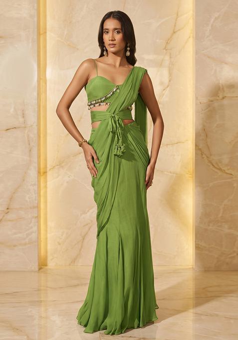 Olive Green Handwork Pre Draped Saree Set