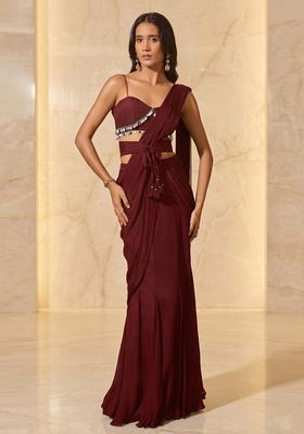 Maroon Handwork Pre Draped Saree Set
