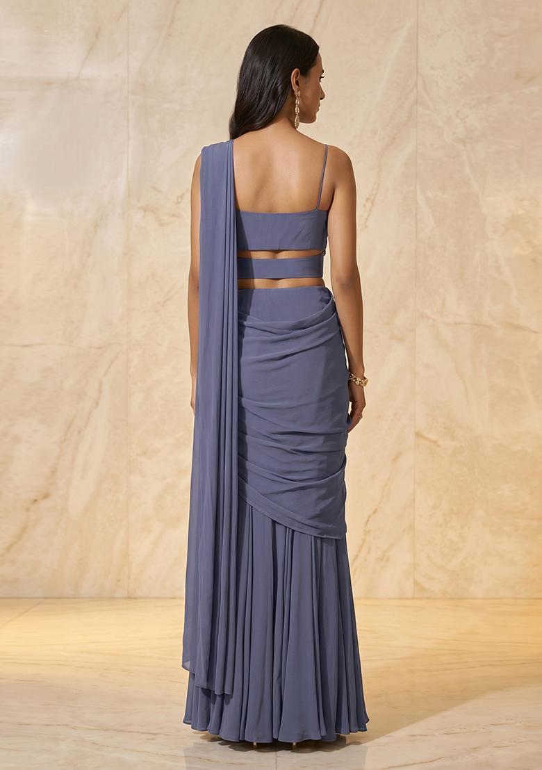 Slate Blue Handwork Pre Draped Saree Set - Indya