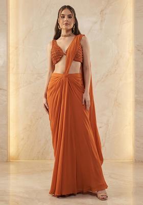 Rust Handwork Pre Draped Saree Set