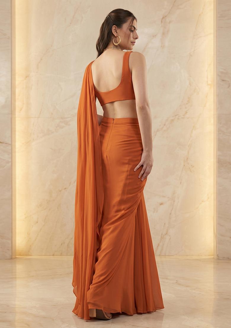 Rust Handwork Pre Draped Saree Set - Indya