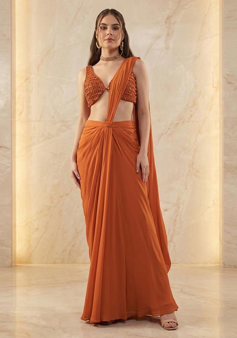 Rust Handwork Pre Draped Saree Set