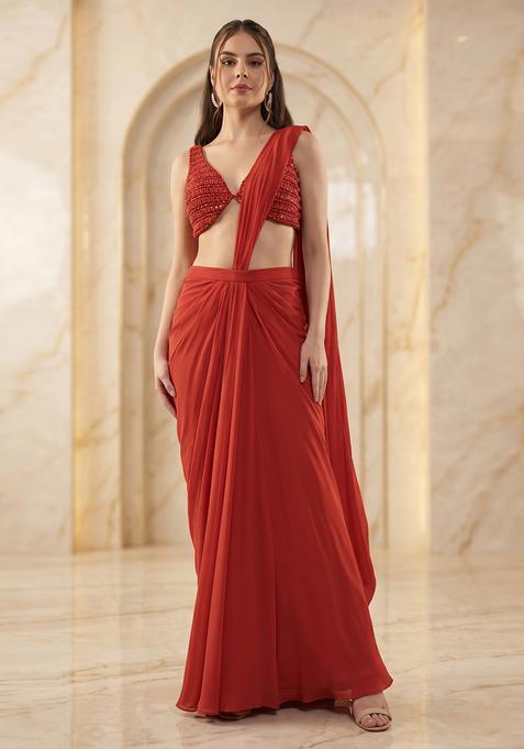 Terracotta Handwork Pre Draped Saree Set