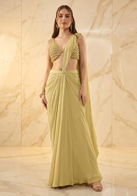 Olive Green Handwork Pre Draped Saree Set