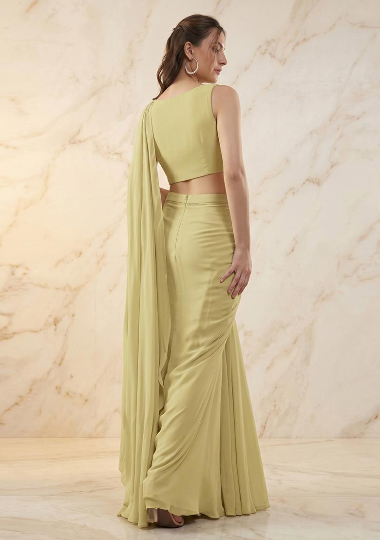 Olive Green Handwork Pre Draped Saree Set - Indya