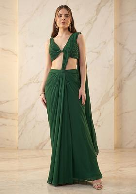 Bottle Green Handwork Pre Draped Saree Set