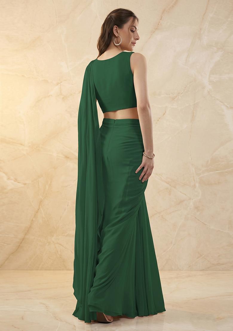 Bottle Green Handwork Pre Draped Saree Set - Indya