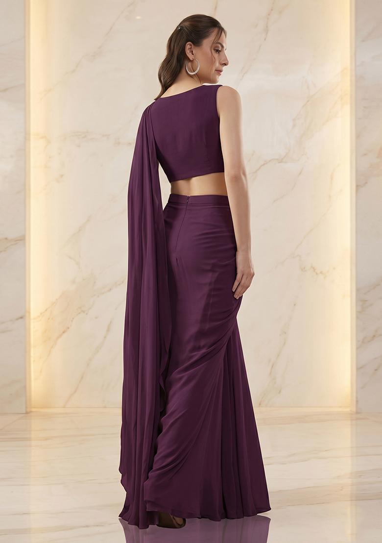 Wine Handwork Pre Draped Saree Set - Indya
