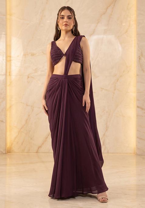 Wine Handwork Pre Draped Saree Set
