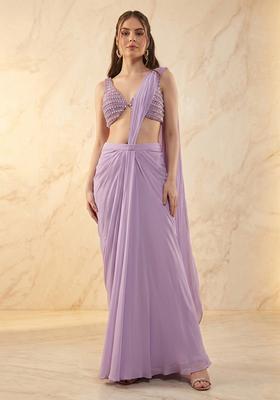Lavender Handwork Pre Draped Saree Set