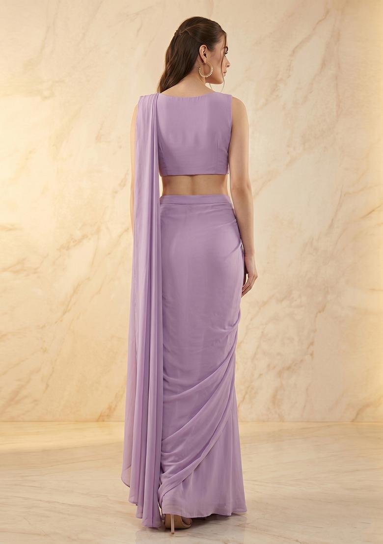 Lavender Handwork Pre Draped Saree Set - Indya