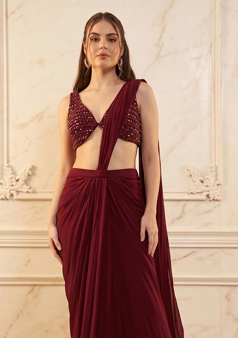 Maroon Handwork Pre Draped Saree Set - Indya
