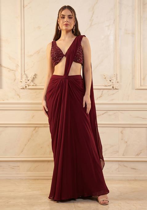 Maroon Handwork Pre Draped Saree Set