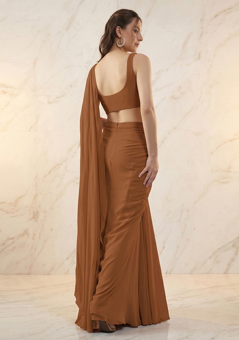 Rust Handwork Pre Draped Saree Set - Indya