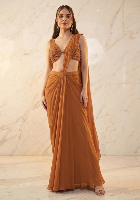 Rust Handwork Pre Draped Saree Set