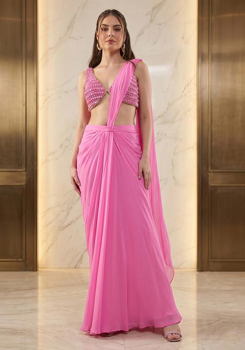 Rani Pink Handwork Pre Draped Saree Set