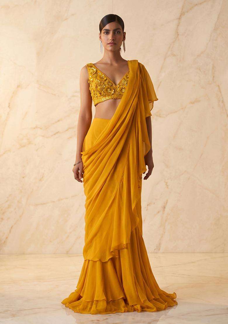 Mustard Handwork Pre Draped Saree Set - Indya