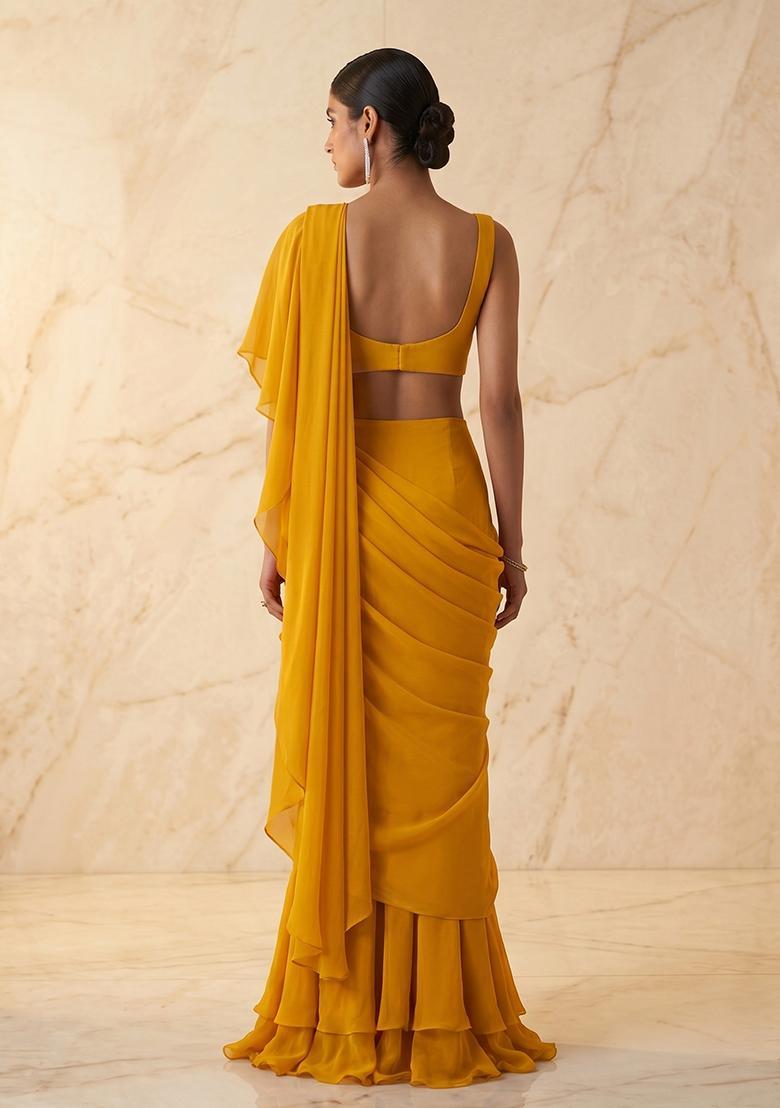 Mustard Handwork Pre Draped Saree Set - Indya