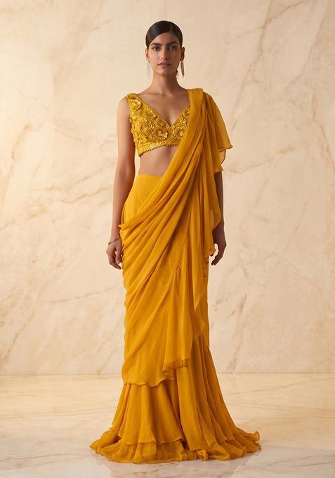 Mustard Handwork Pre Draped Saree Set