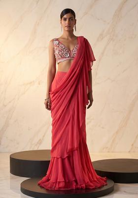 Coral Pink Handwork Pre Draped Saree Set