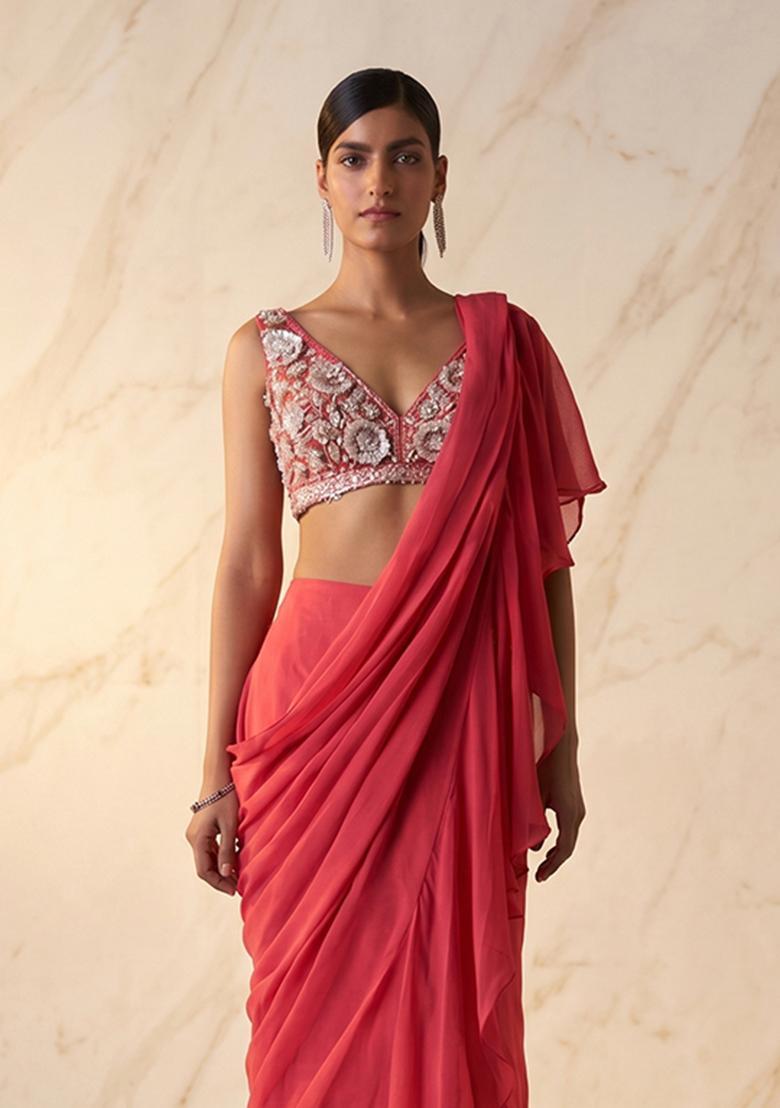 Coral Pink Handwork Pre Draped Saree Set - Indya