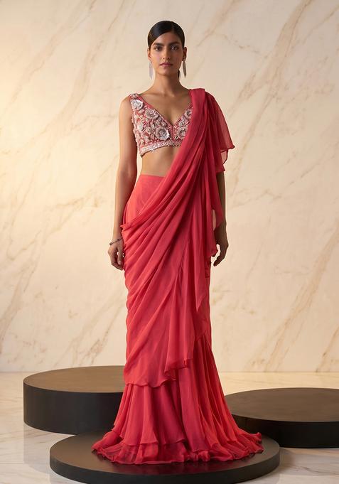 Coral Pink Handwork Pre Draped Saree Set