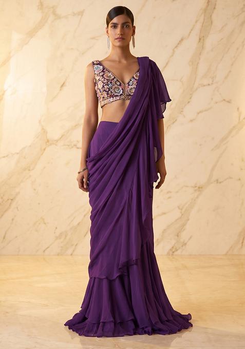 Purple Handwork Pre Draped Saree Set