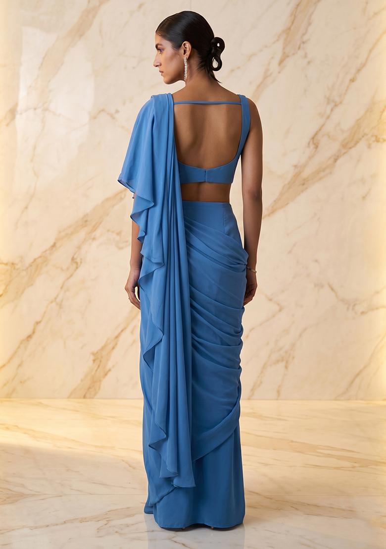 Sky Blue Handwork Pre Draped Saree Set - Indya