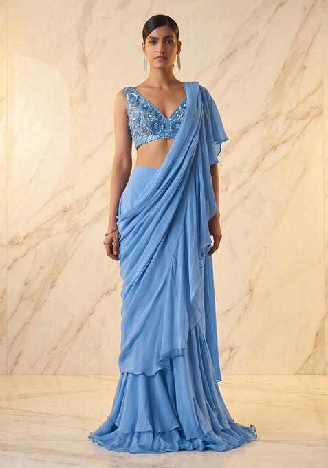 Sky Blue Handwork Pre Draped Saree Set