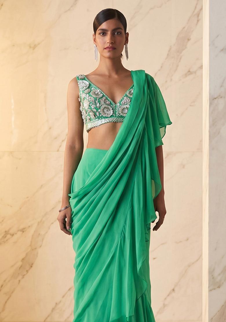 Mint Green Handwork Pre Draped Saree Set - Indya