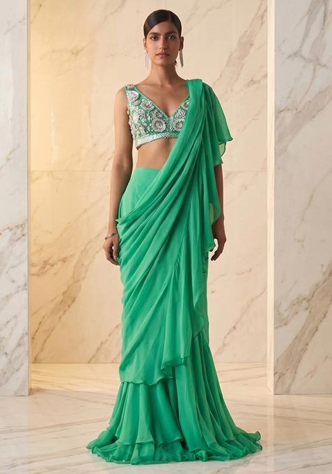 Mint Green Handwork Pre Draped Saree Set