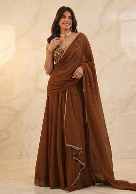 Chocolate Brown Handwork Pre Draped Saree Set