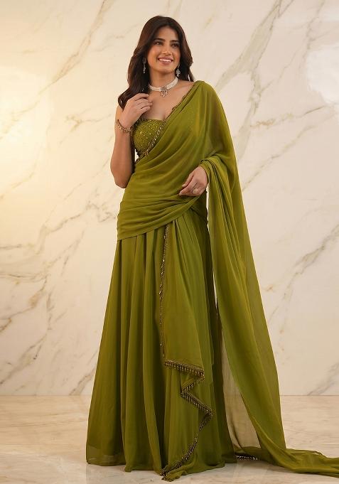 Olive Green Handwork Pre Draped Saree Set