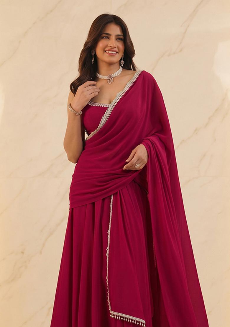Rani Pink Handwork Pre Draped Saree Set - Indya