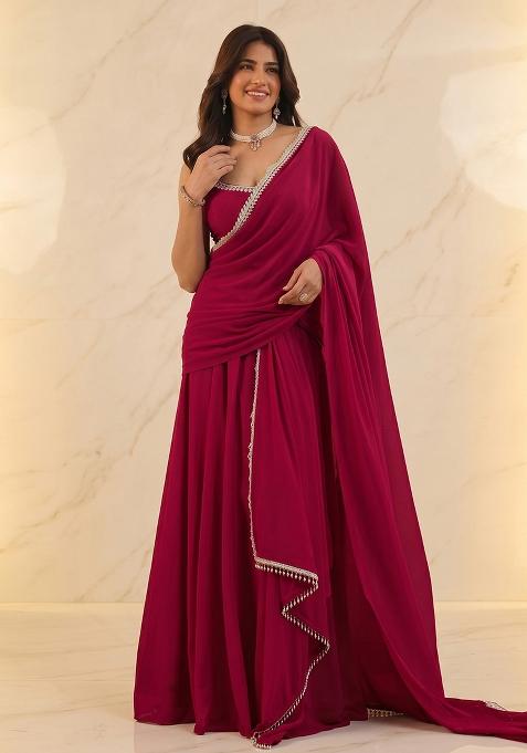 Rani Pink Handwork Pre Draped Saree Set