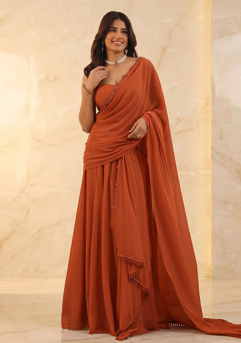 Rust Handwork Pre Draped Saree Set - Indya