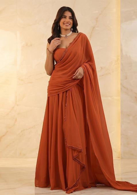 Rust Handwork Pre Draped Saree Set